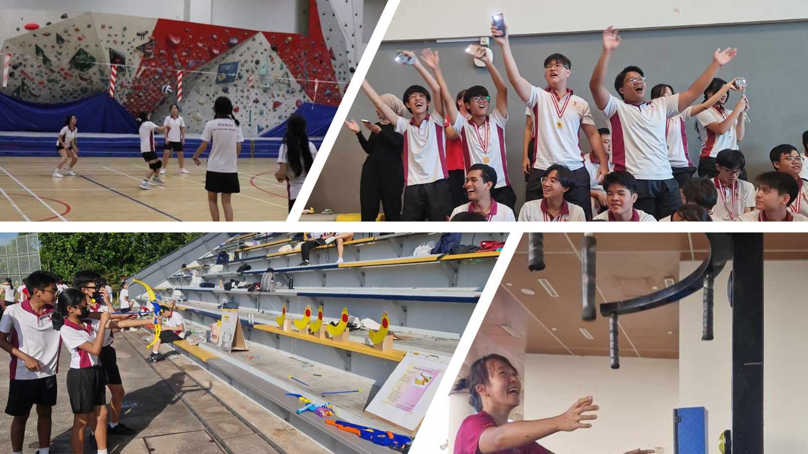 Four-panel collage of students in school uniforms playing volleyball, celebrating with medals, doing archery, and climbing.